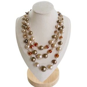 Vintage 3 Strand Silver Tone & Amber Tone Beaded Necklace Japan Retro